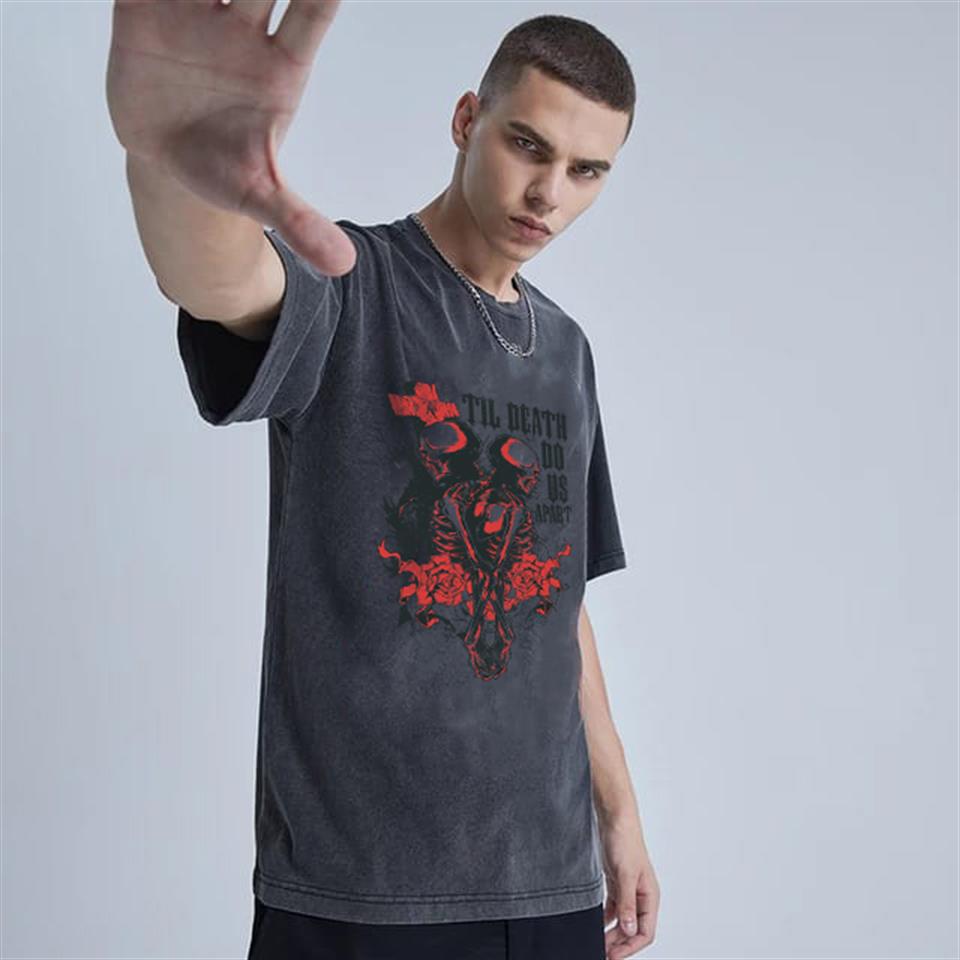 Yıkmalı Death Skulls Unisex Eskitme T-shirt