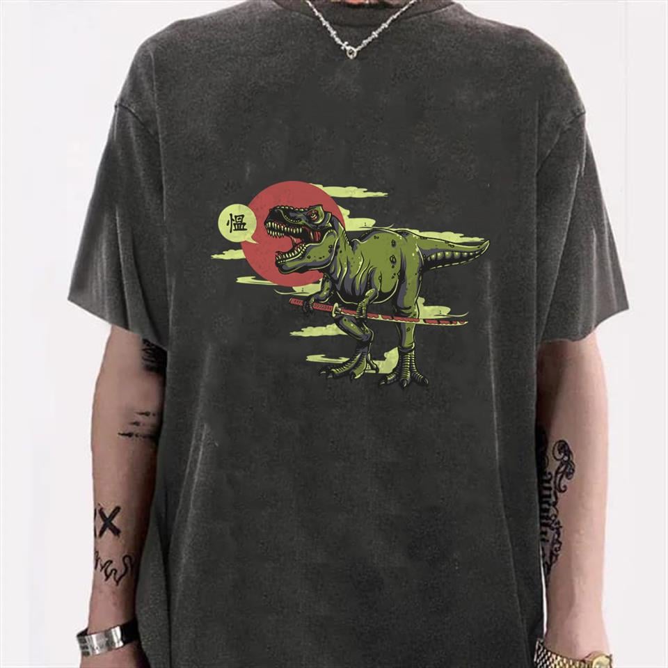 Yıkmalı Dinosaur Unisex Eskitme T-shirt