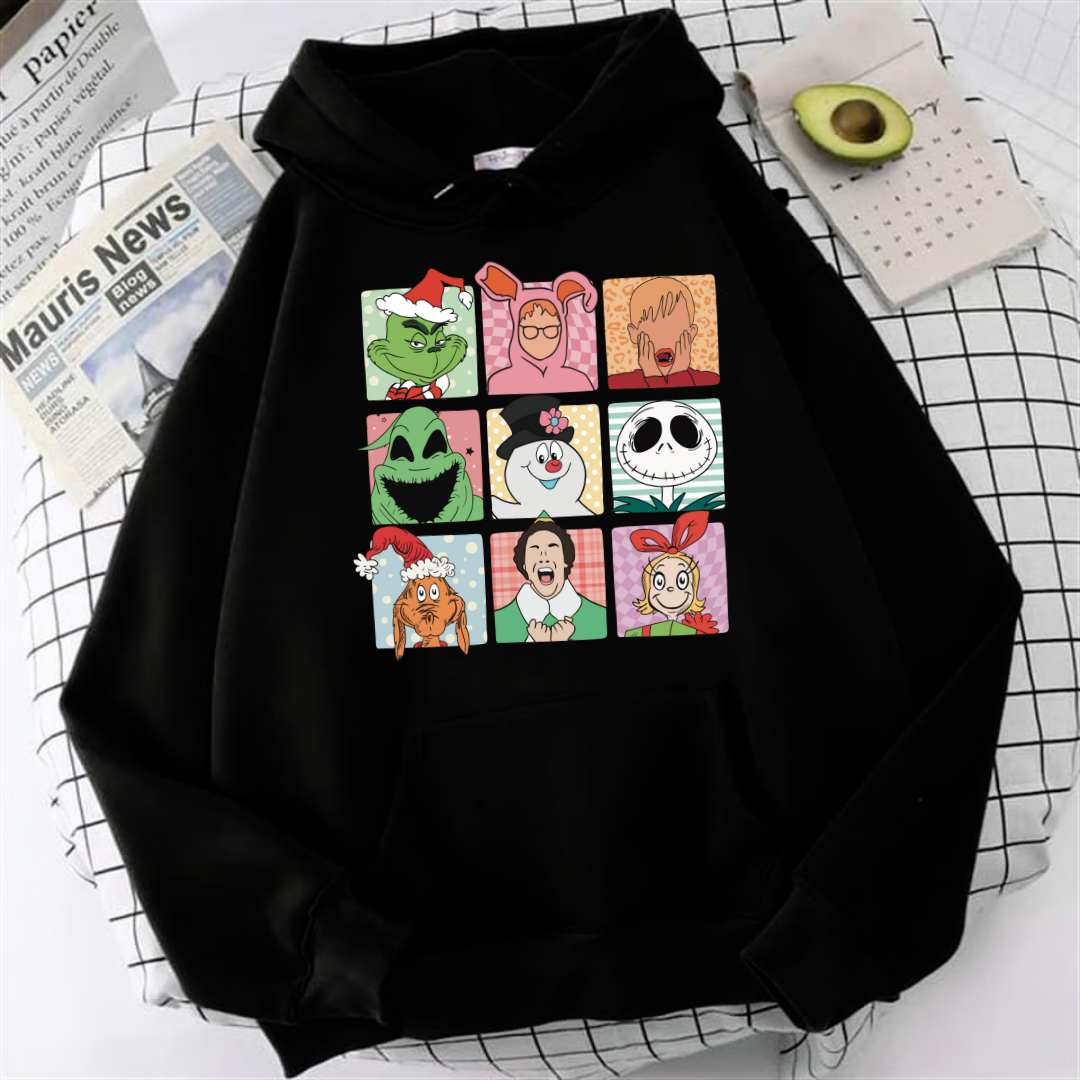 Yılbaşı Karakter Baskılı Siyah Unisex Oversize Kapüşonlu Sweatshirt
