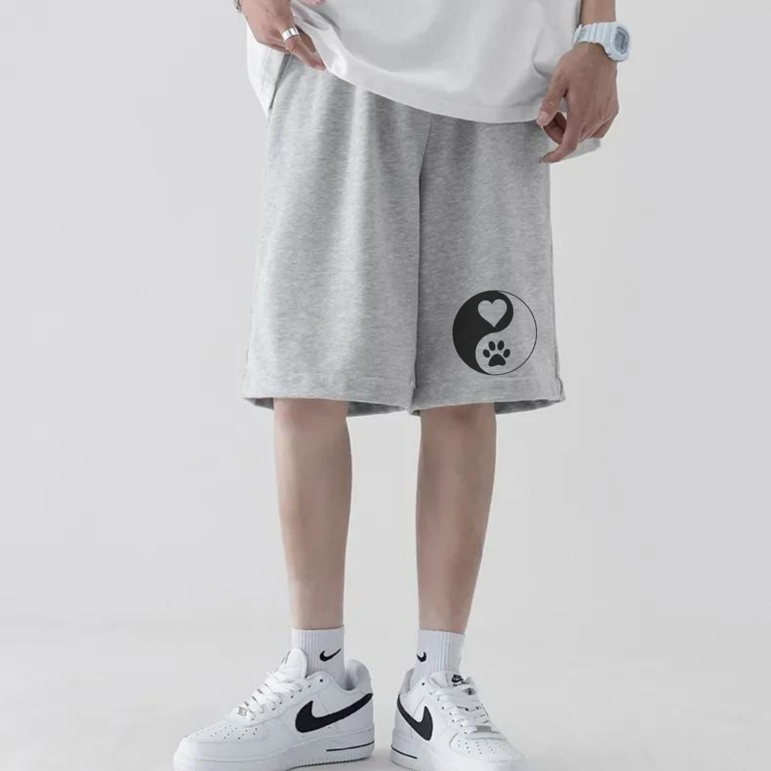 Yin Yang Cat Baskılı Gri Unisex Penye Şort