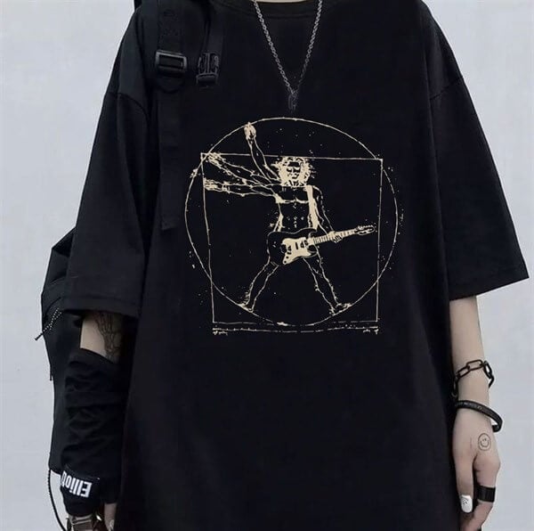 Da Vinci Vitruvius Man Baskılı Siyah Oversize Unisex T-shirt