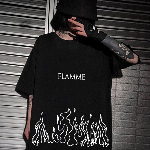 Gothic Oversize Flamme Siyah Unisex T-shirt