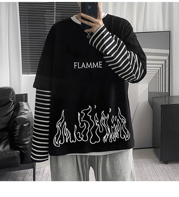 Gothic Oversize Flamme Siyah Uzun Kollu Unisex T-shirt