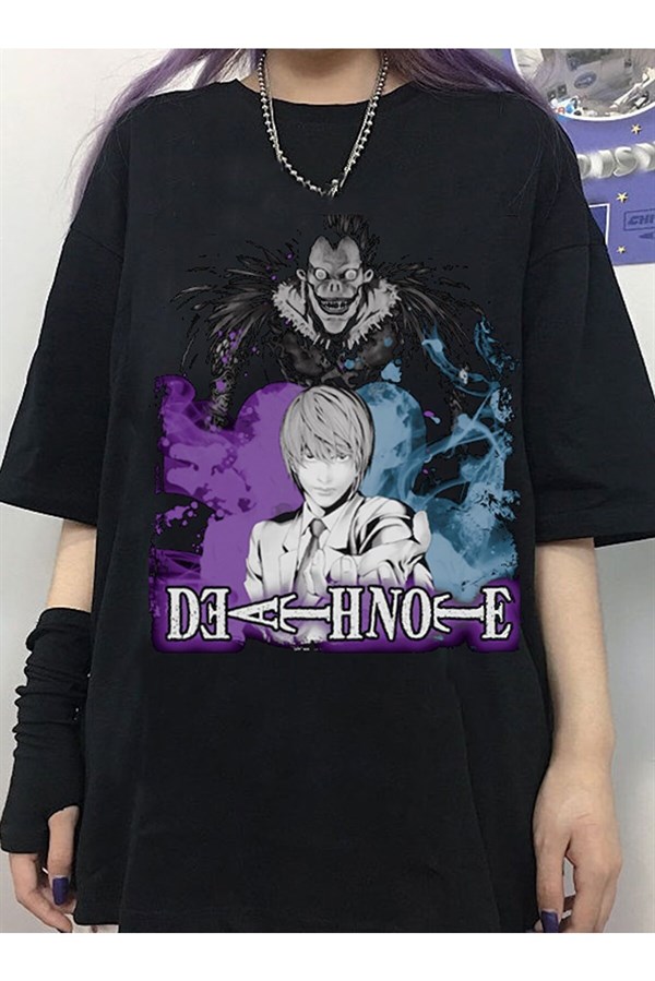 Siyah Renk Death Note Baskılı Geniş Kesim Unisex Anime T-shirt