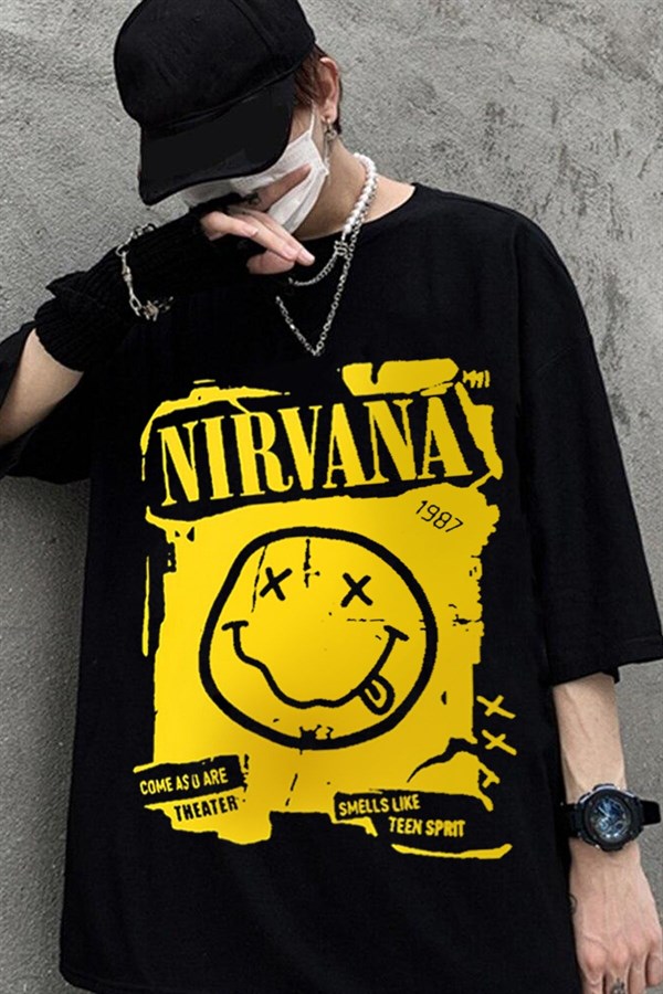 Siyah Renk Nirvana Baskılı Geniş Kesim Unisex Rock Metal T-shirt
