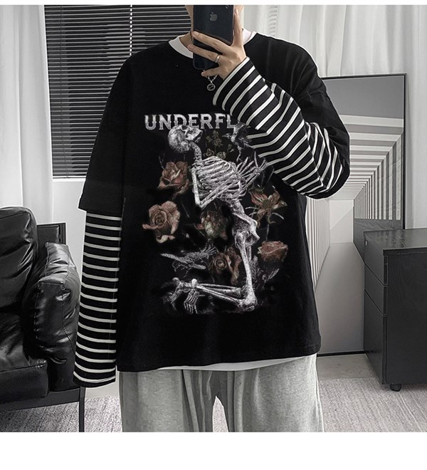 Skeleton Print Grunge Aesthetic Gothic Unisex Oversize Uzun Kollu T Shirt