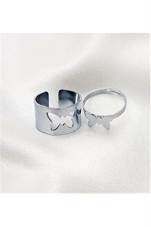  Gümüş Kaplama Ayarlanabilir Kelebek Figür Arkadaş Sevgili Çift Yüzüğü