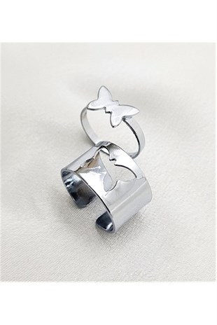  Gümüş Kaplama Ayarlanabilir Kelebek Figür Arkadaş Sevgili Çift Yüzüğü