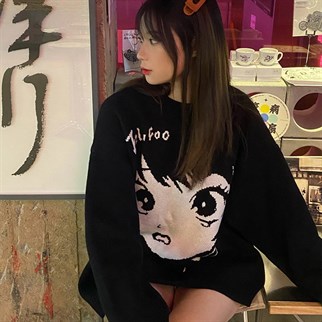 Anime Girl Harajuku Vintage Streetwear Unisex Siyah Kazak