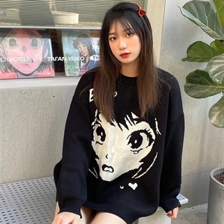 Anime Girl Harajuku Vintage Streetwear Unisex Siyah Kazak