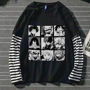 Anime My Hero Academia Boku Kolaj Siyah Oversize  Unisex Uzun Kollu T-shirt