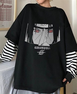 Anime Red Eyes Itachi Uchiha Siyah Unisex Oversize Uzun Kollu Tshirt