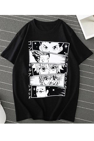 Siyah Geniş Kalıp Hunter X Hunter Baskılı Unisex Anime T-shirt