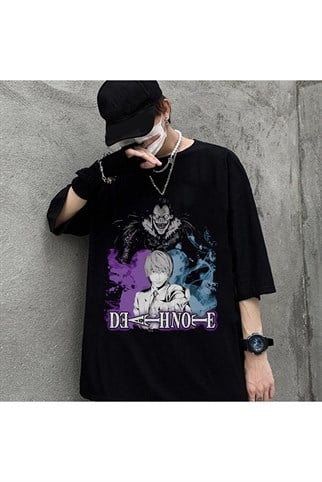 Siyah Renk Death Note Baskılı Geniş Kesim Unisex Anime T-shirt