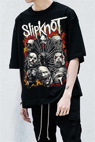 Siyah Renk Slipknot Baskılı Geniş Kesim Unisex T-shirt