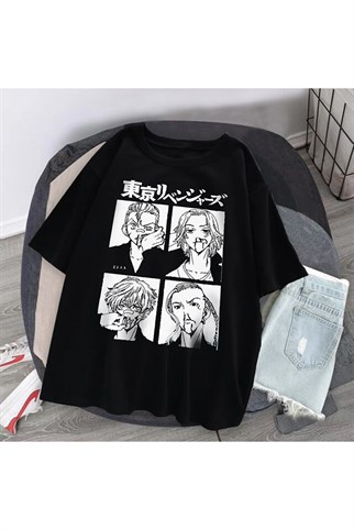 Siyah Renk Tokyo Revengers Büyük Baskılı Unisex Geniş Kesim Anime T-shirt