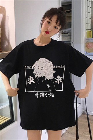 Siyah Renk Tokyo Revengers Mikey Sırt Baskı Detaylı Unisex Anime T-shirt