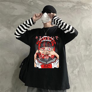Touz Anime Girl Loli Goth Siyah (Unisex) Çizgili Kollu T-shirt