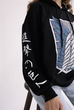 Touz Anime Mavi Attack On Titan Logo Siyah Kapüşonlu Sweatshirt