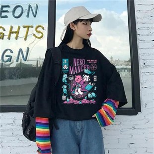Touz Anime Neko Mancer Gökkuşağı Kollu T-shirt