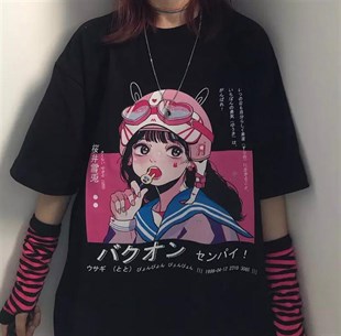 Touz Anime Siyah Lolipop Girl Unisex Oversize Kalıp T-shirt