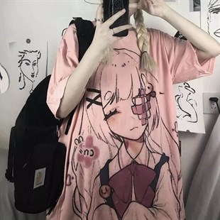 Touz Eyepatch Anime Girl Menhera Pembe Unisex T-shirt