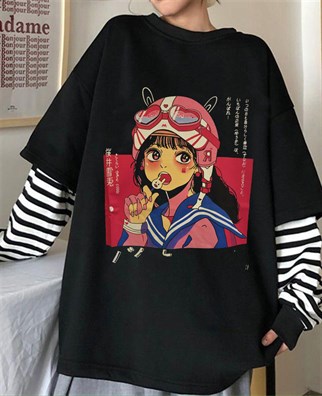 Touz Harajuku Retro Girl Baskılı Unisex Uzun Kollu T-Shirt