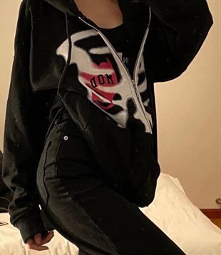 Touz Siyah Harajuku Chest And Heart (Unisex) Kapşonlu