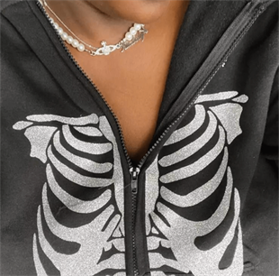 Touz Skeleton Siyah Kalın Pamuklu (Unisex) Fermuarlı Kapşonlu