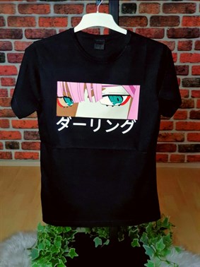 Unisex Siyah Anime Zero Two Eyes T-shirt