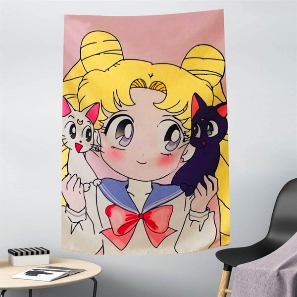 Touz 70 x 100 Cm Anime Sailor Moon And Cat Duvar Halısı