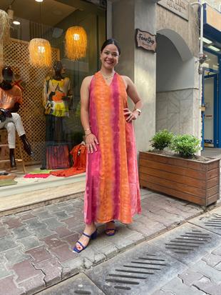 Turuncu Batik Desen Elbise