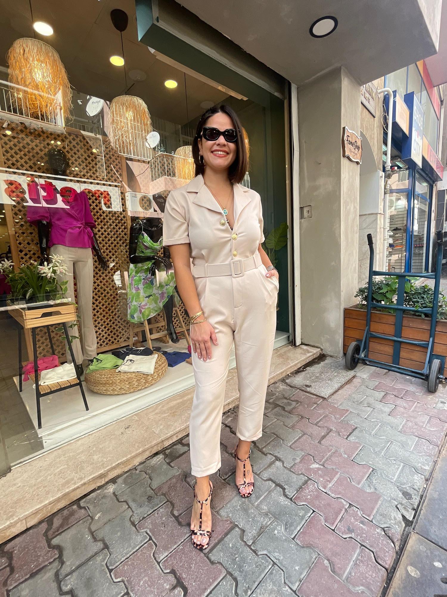 Gold Düğme Detaylı Crep Tulum