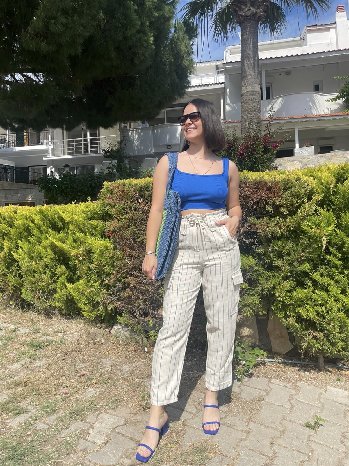 Lacivert Çizgili Keten Pantolon