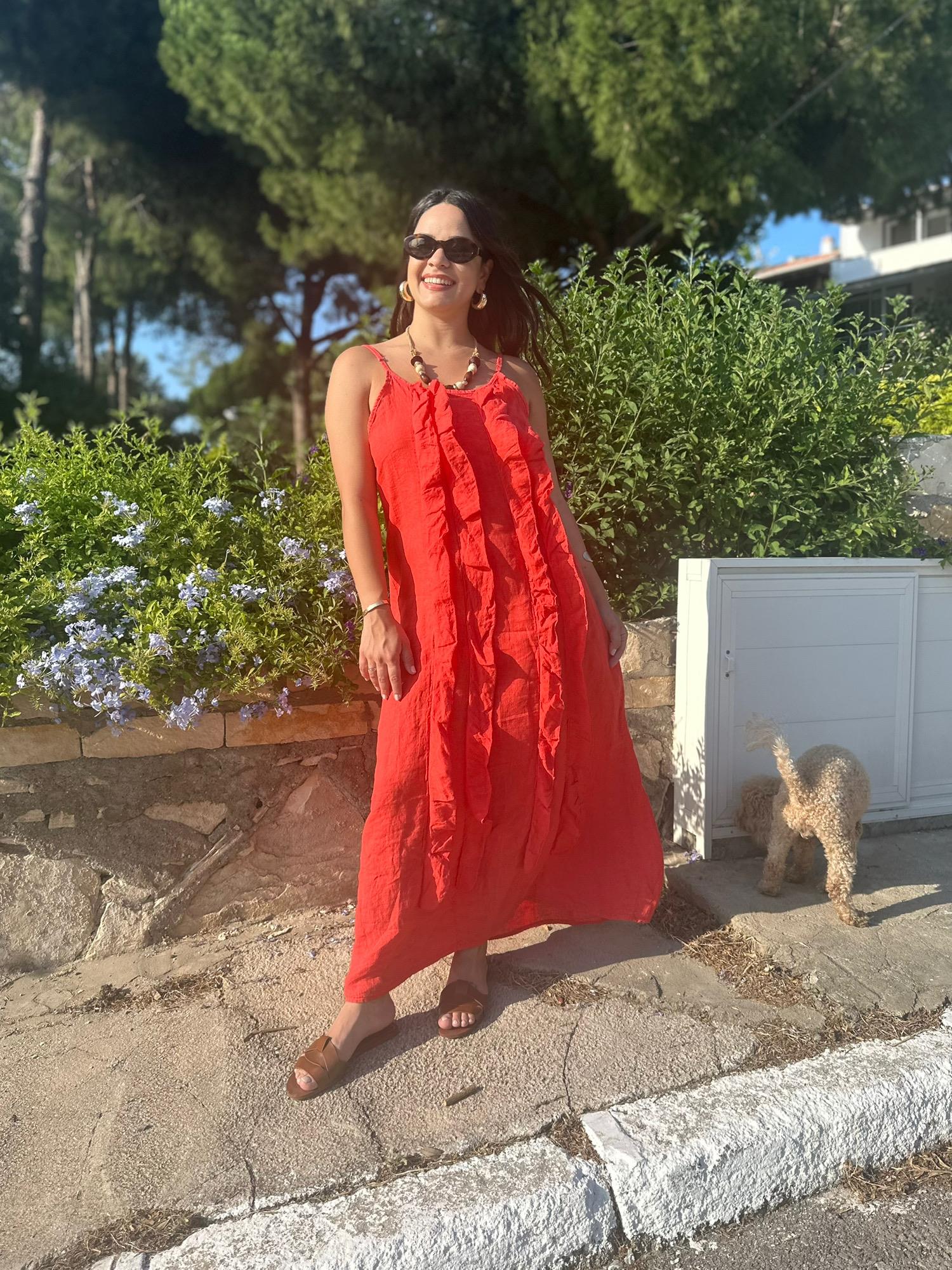 Mercan Rengi Askılı Keten Elbise