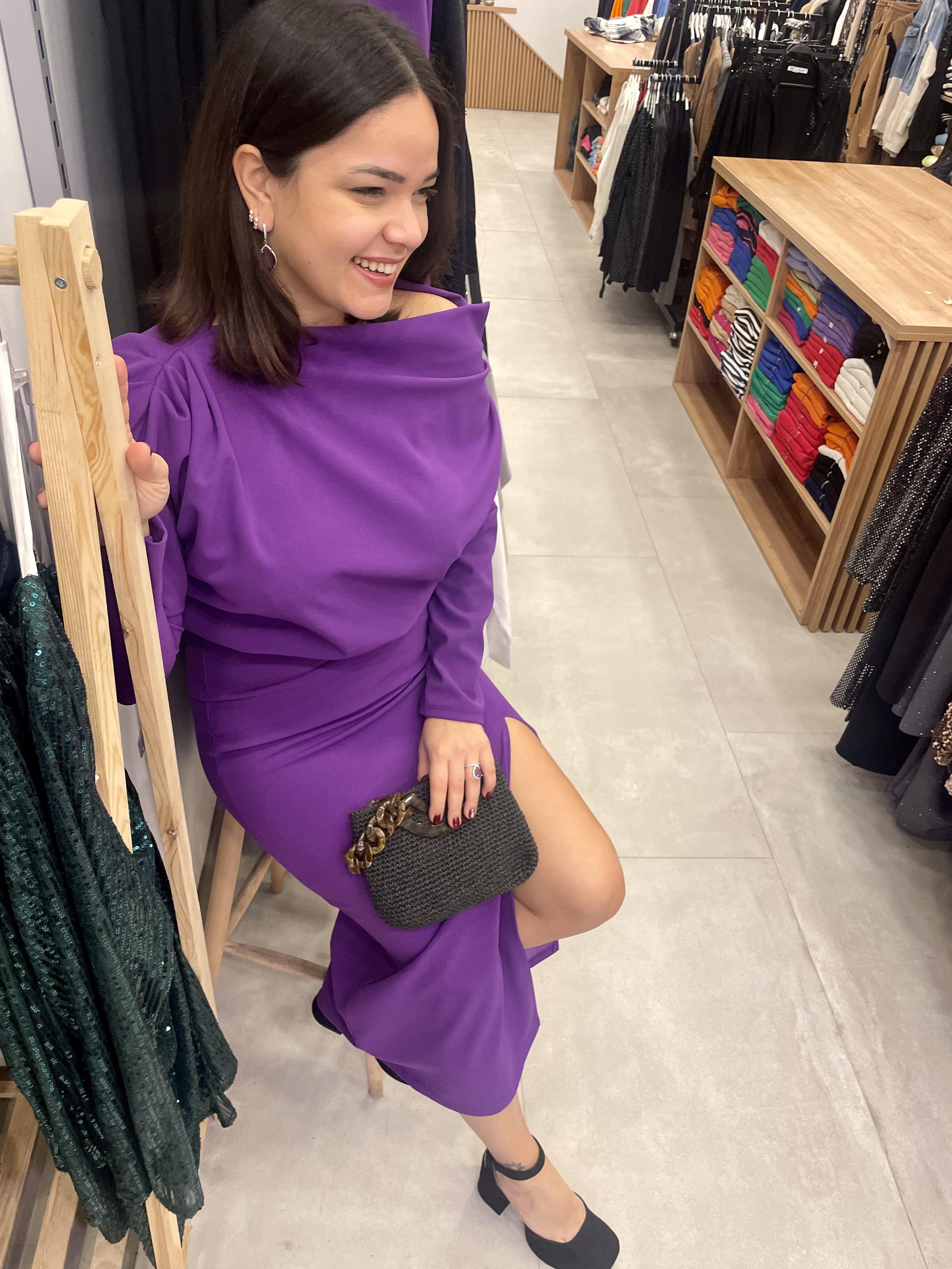 Mor Drape Detaylı Elbise