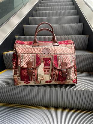 Large Travel Bag, Southwest and Turkish Motif Designs on Yarn-Knitting with Vegan Leather Straps