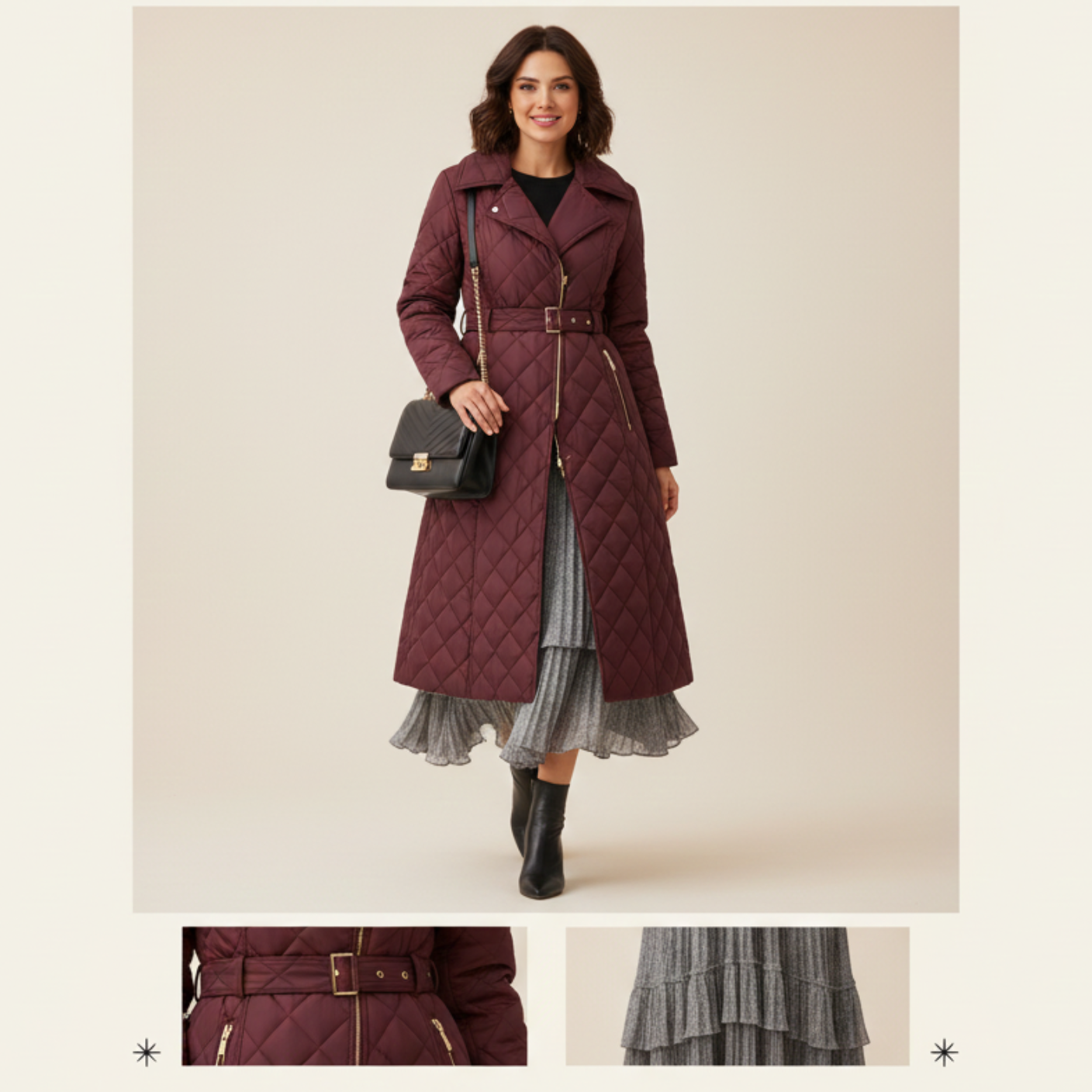 Micca Bordo Jakar Kapitone Manto ve Siyah Piliseli Etek Kombini