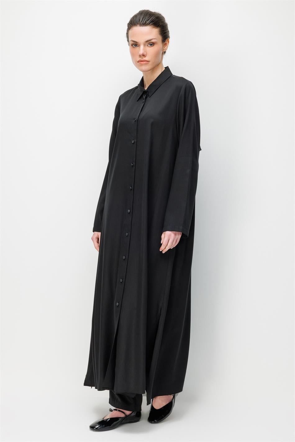 %100 Doğal LyoCEL Dökümlü Soft Hissiyat Aller Arka Pelerin Maxi Tunik-Siyah