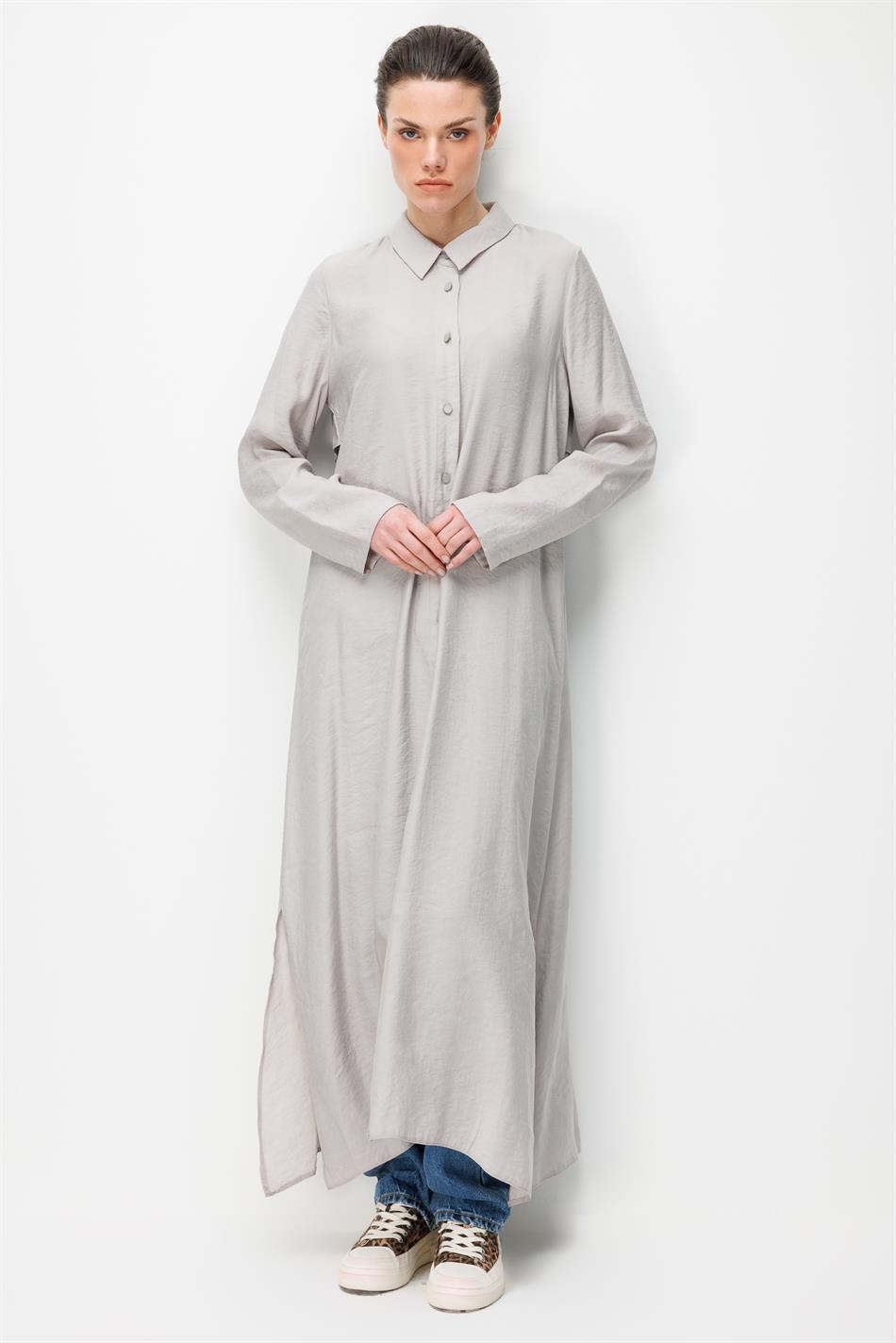 %100 Doğal LyoCEL Dökümlü Soft Hissiyat Aller Arka Pelerin Maxi Tunik-Gri