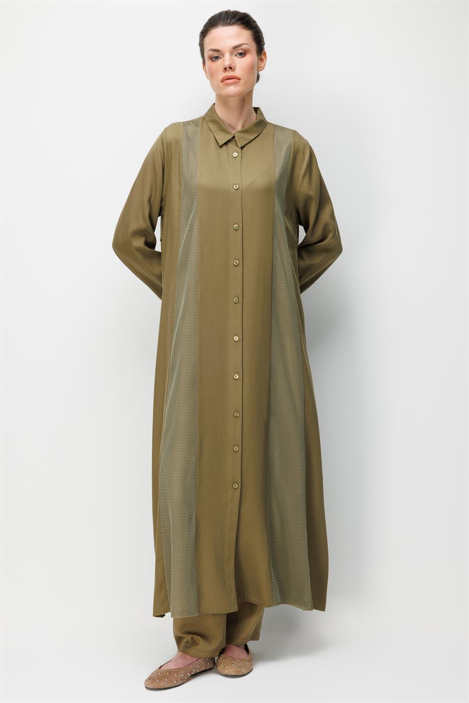 %100 Doğal LyoCEL Dökümlü Soft Hissiyat File Garni Aller Pelerin Maxi Tunik-Haki