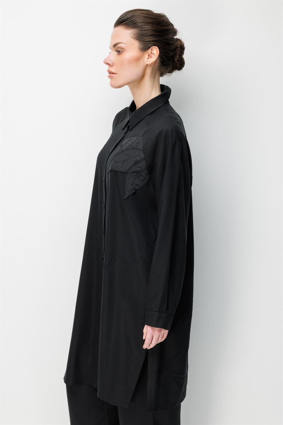 100% natuurlijke LyoCEL gedrapeerde, zachte broekenset met geborduurde bloemen en steentjes - zwart