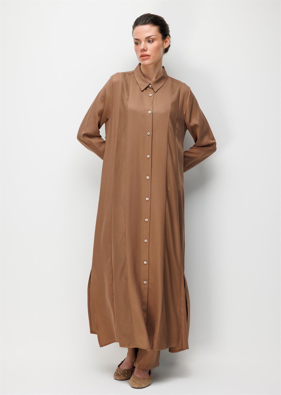 %100 Doğal LyoCEL Dökümlü Soft Hissiyat File Garni Aller Pelerin Maxi Tunik-Kahve
