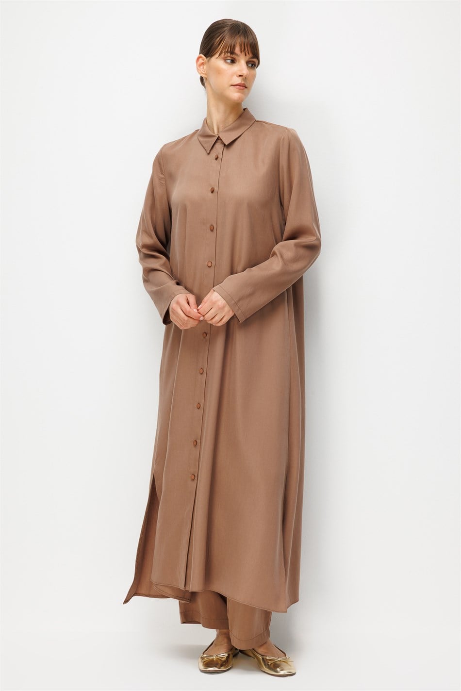 %100 Doğal LyoCEL Dökümlü Soft Hissiyat Aller Arka Pelerin Maxi Tunik-Kahve
