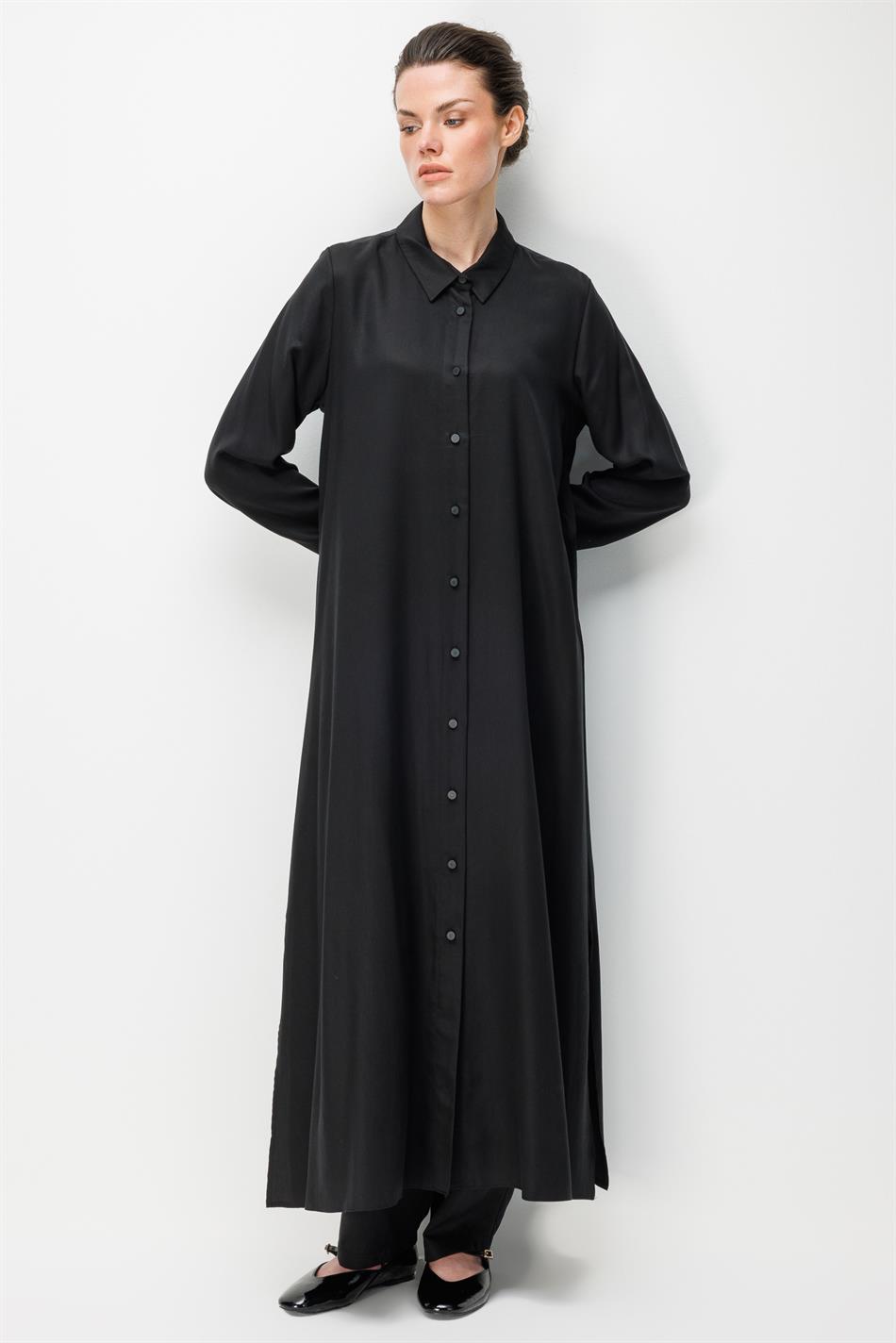%100 Doğal LyoCEL Dökümlü Soft Hissiyat Aller Arka Pelerin Maxi Tunik-Siyah