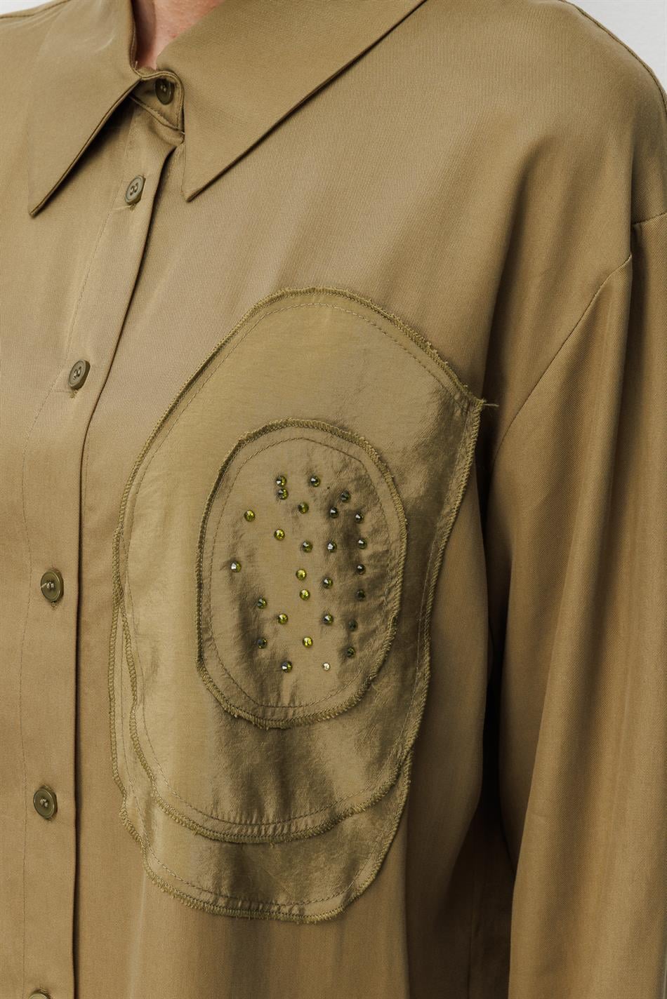 100% natuurlijke LyoCEL gedrapeerde, zachte broek en maxi-tuniek met rozenborduursel en -afwerking - Khaki