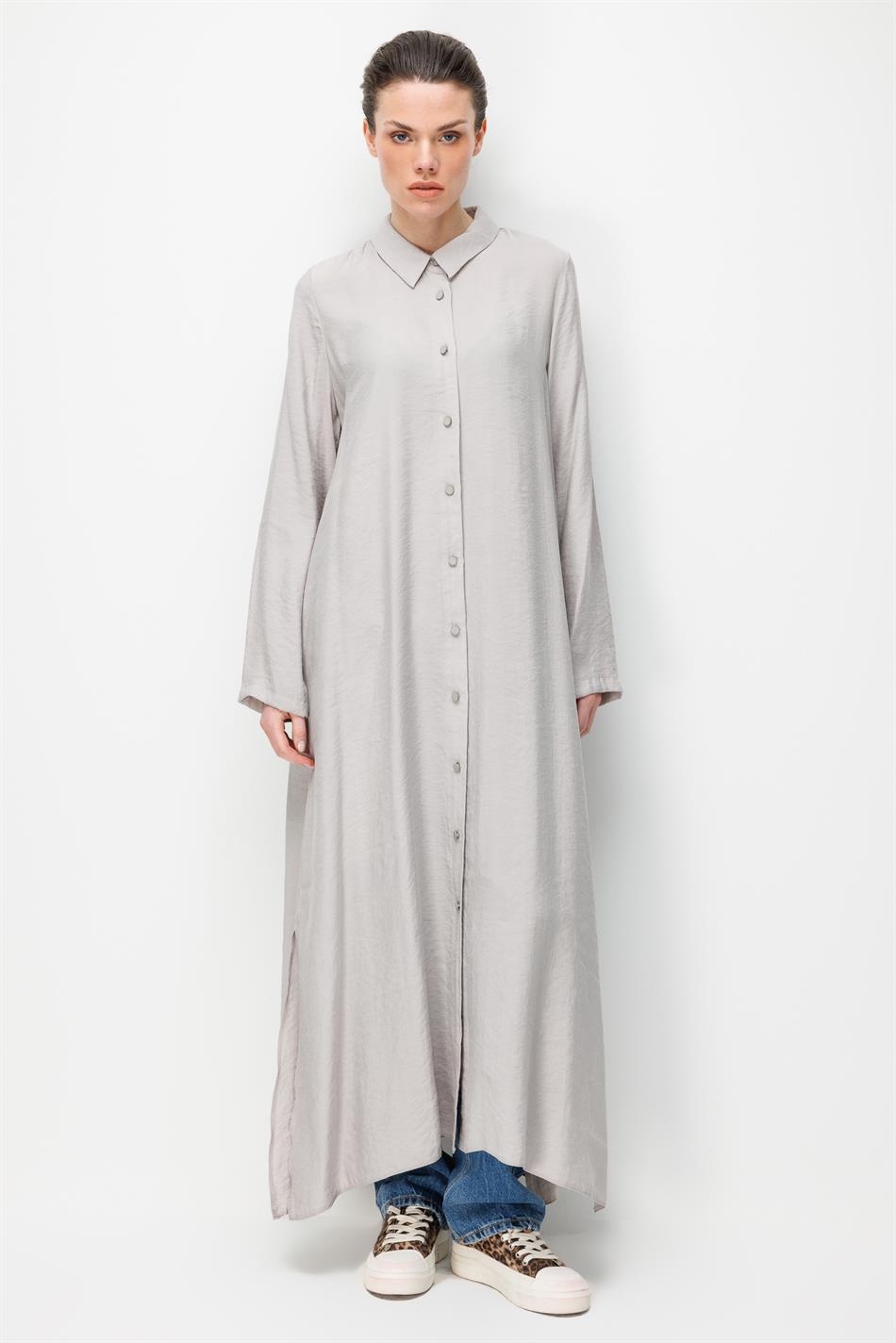 %100 Doğal LyoCEL Dökümlü Soft Hissiyat Aller Arka Pelerin Maxi Tunik-Gri