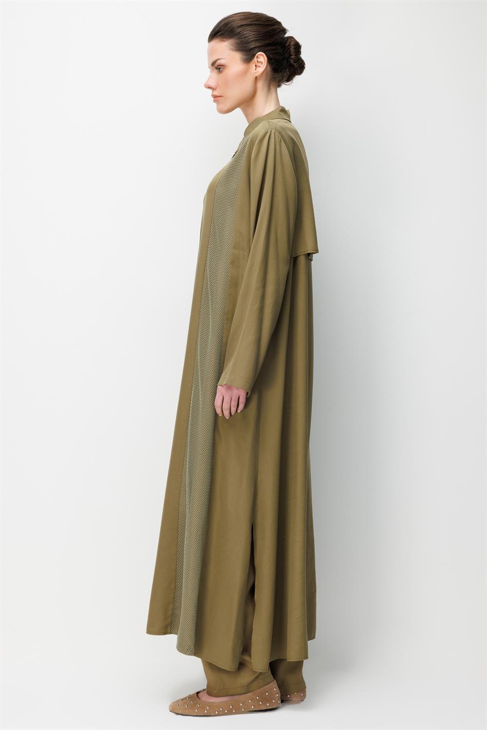 %100 Doğal LyoCEL Dökümlü Soft Hissiyat File Garni Aller Pelerin Maxi Tunik-Haki