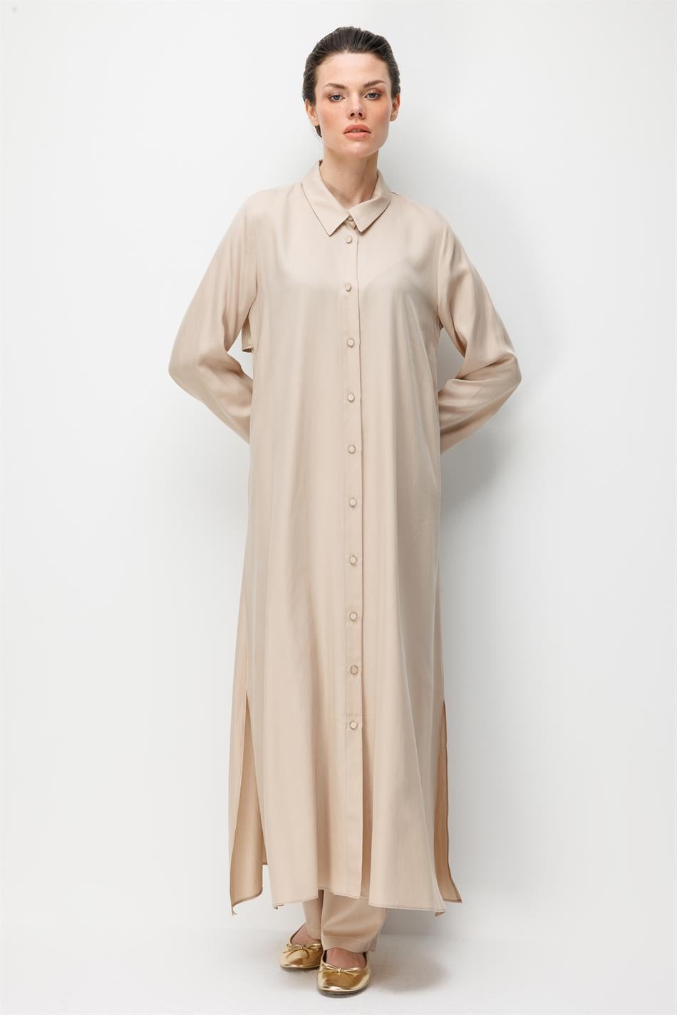 %100 Doğal LyoCEL Dökümlü Soft Hissiyat Aller Arka Pelerin Maxi Tunik-Taş