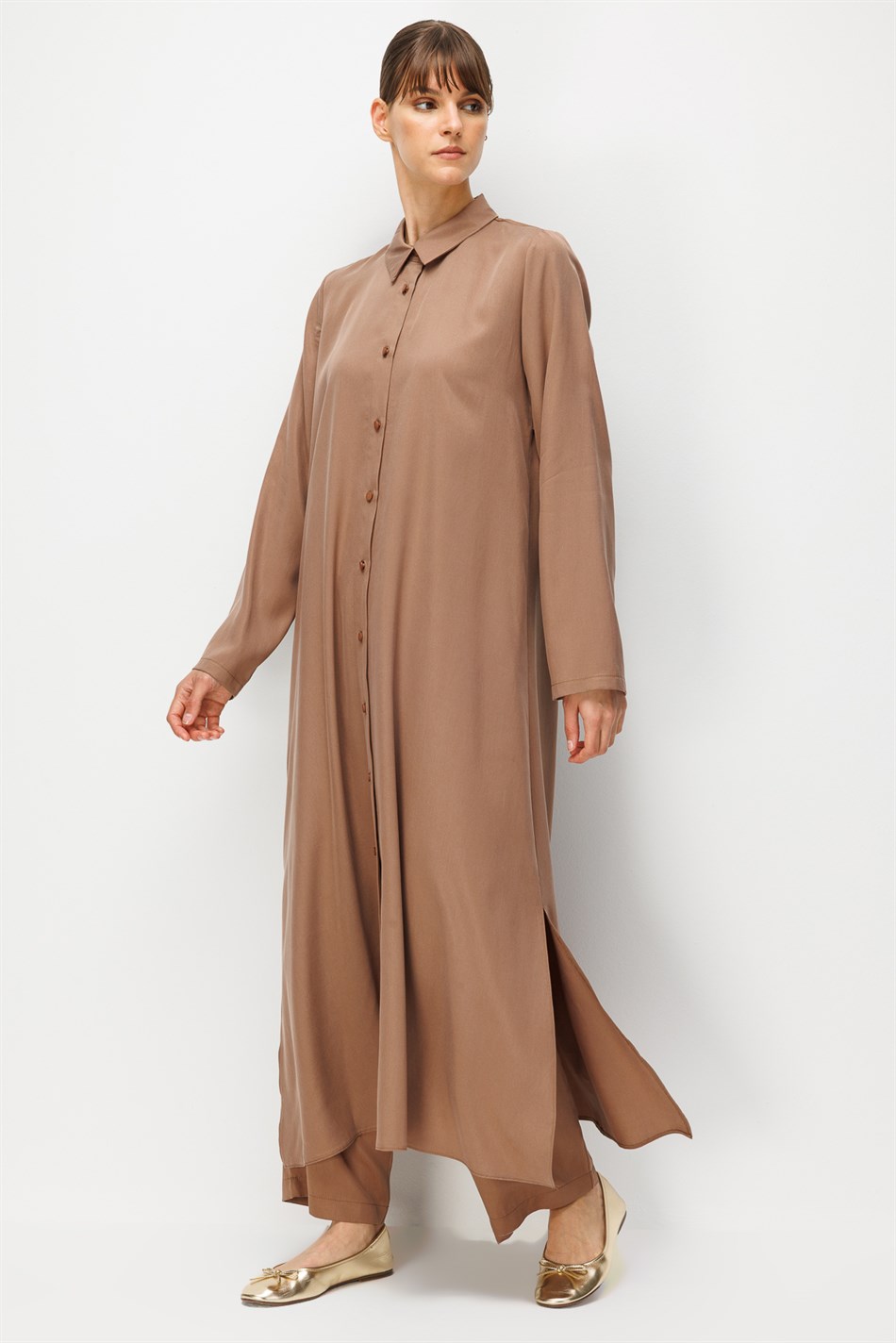 %100 Doğal LyoCEL Dökümlü Soft Hissiyat Aller Arka Pelerin Maxi Tunik-Kahve